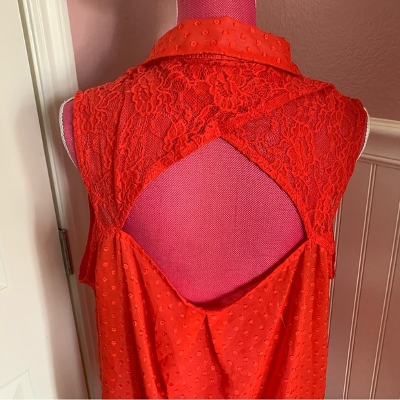 Orange/Red Sleeveless Pont d’Esprit Chiffon and Lace Button Down, size 2X - Picture 7 of 7